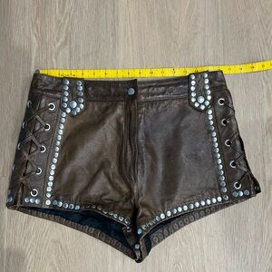 H&M Brown Leather High Waist Shorts with Silver Studs